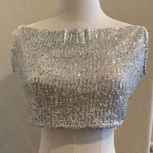 NWT Walter Baker Cynthia Ice Sequin Crop Camisole Drapey Neckline Silver Medium